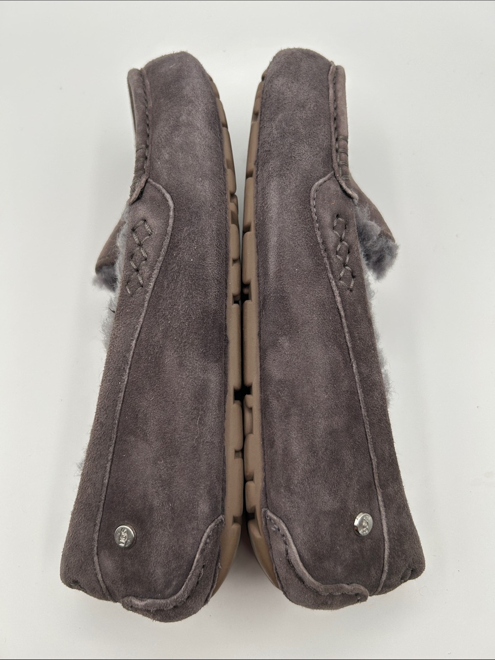 UGG Ansley Blossom Gray Suede Moccasin Slippers with Plush Shearling Lining - Picture 16 of 16